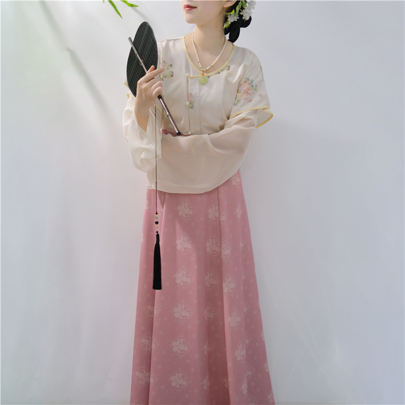 Qingqingzi Original [Qingzhi] Tang-Style Robe Restoration Hanfu for Women, Summer Tang Round Neck Waist-Length Eight-Panel Long Skirt
