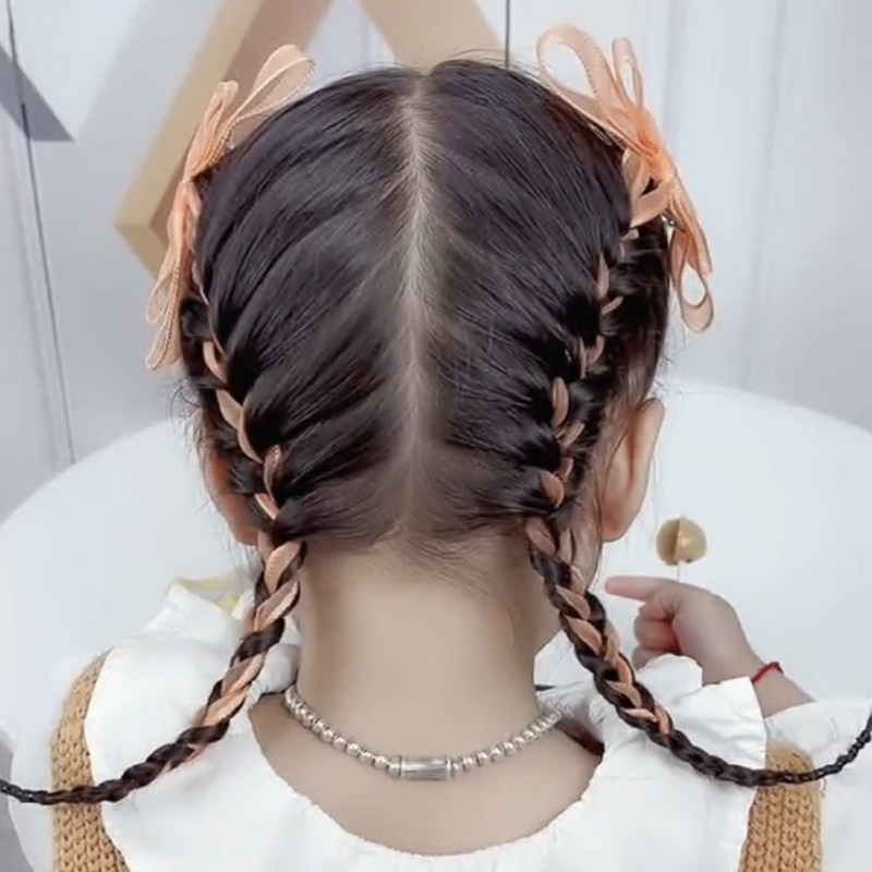Net red girls yarn ribbon bow ribbon hairpin hair accessories children's braided hair accessories cute ponytail streamer hairpin