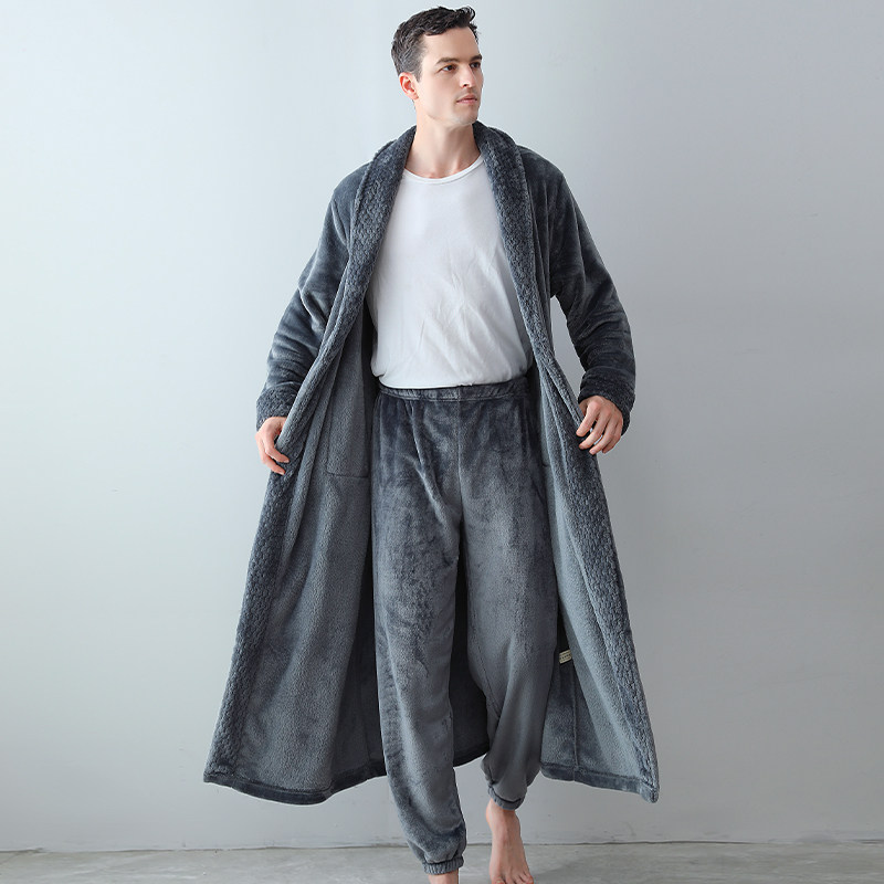 Pajamas men autumn and winter coral velvet robe plus velvet padded extended flannel bathrobe men's home clothing set