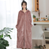 Flannel womens winter hooded nightgown warm extended thickened plus size pajamas Coral velvet mens couple bathrobes