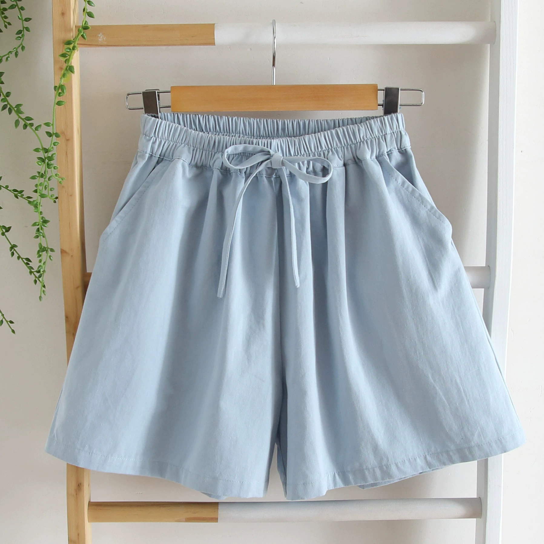 Mùa hè 2020 phụ nữ mới lỏng lẻo và mỏng manh văn học màu tinh khiết quần short cotton và vải thun co giãn eo rộng quần học sinh - Cộng với kích thước quần áo