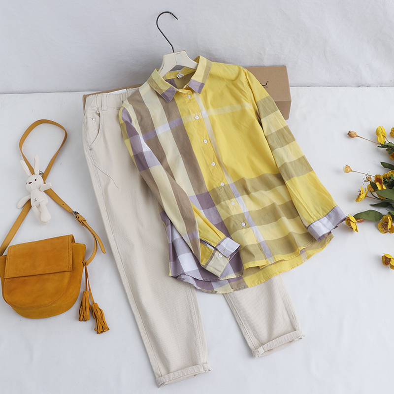 Áo sơ mi kẻ sọc cotton và lanh Hàn Quốc in áo mùa xuân và hè mới giản dị áo dài tay màu vàng mỏng - Áo sơ mi