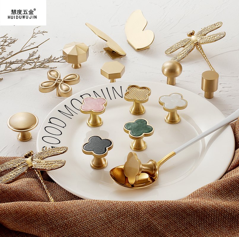 Nordic Light Lavish Garden Full Copper Door Handle Butterfly Dragonfly Single Holes Overall Closet Cabinet Door Personality Creativity INS Brass Handle