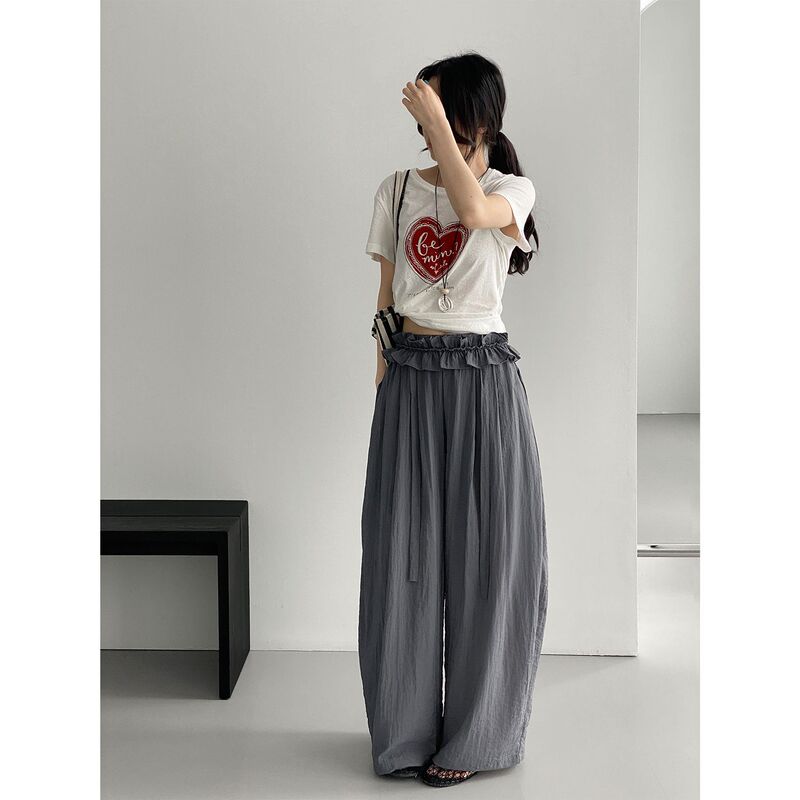 Meow Home Korean-Style Pleated Ruffle Hem Flower Bud Pants for Women, High-Waisted Wide-Leg Pants, Loose Drapey Long Pants