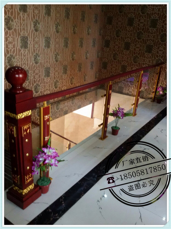 Hangzhou glass stair handrail Indoor aluminum alloy railing Solid wood villa guardrail household can be customized