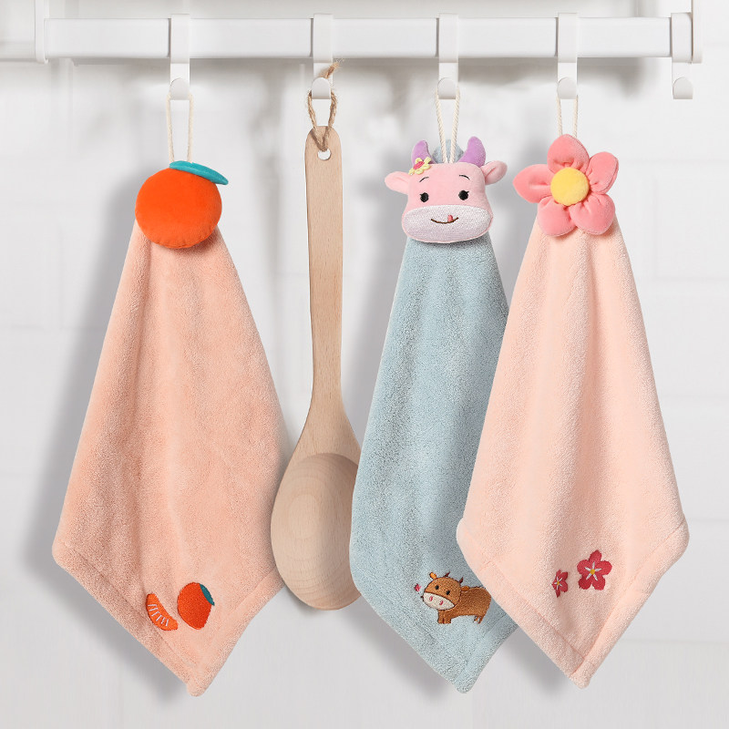 Hanging Wipe Hand Towels Pure Color Cartoon Cute Water Suction Speed Dry Thickening Creative Kitchen Handkerchief Rub Handcloth Wash face towels