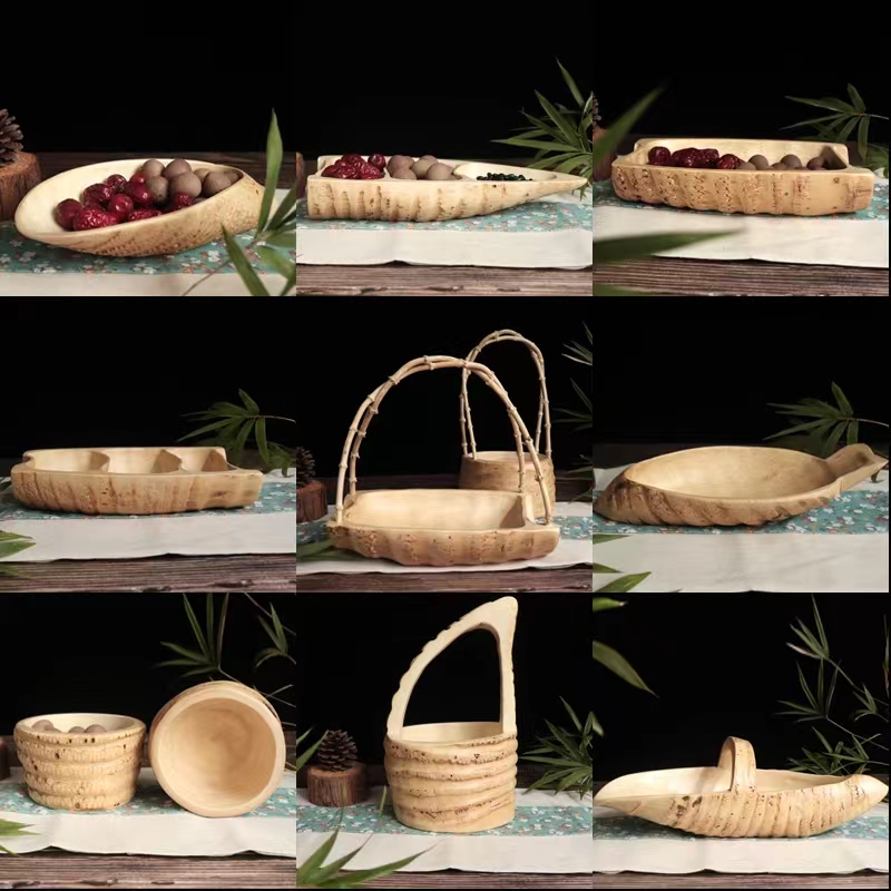 Natural Bamboo Root Fruit Plate Fruit Basket Japanese-Style Home Root Carving Trendy Tableware Plate Tea Snack Plate Creative Bamboo Crafts