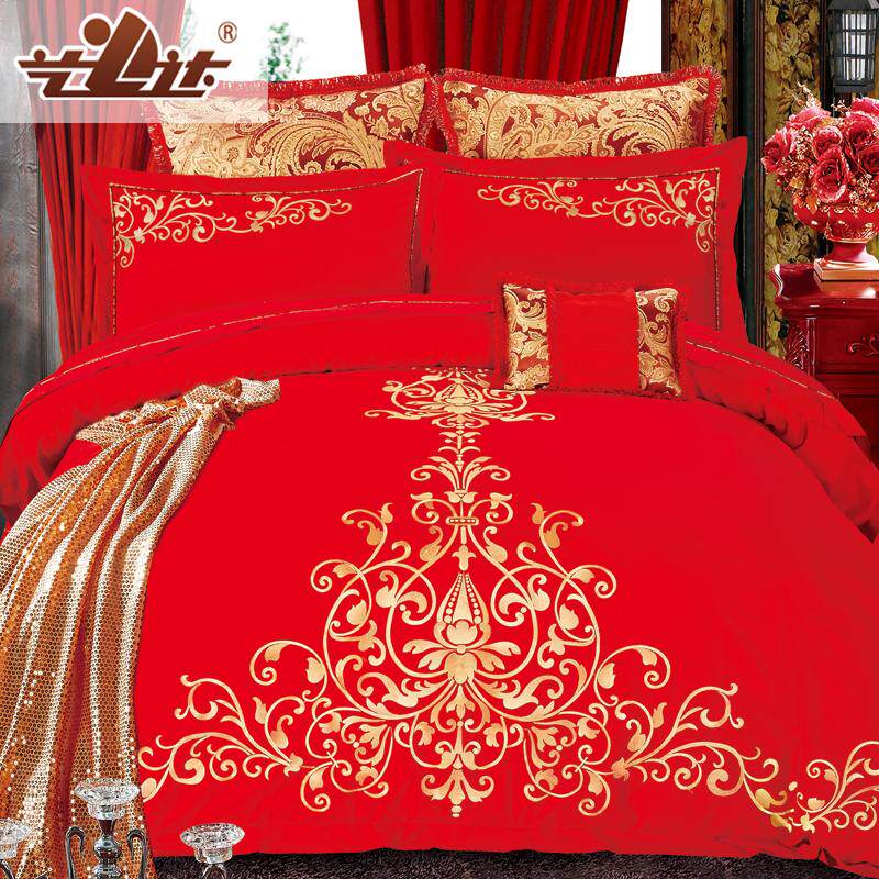 Yida Home Textiles Cotton Embroidery Red Wedding Six-piece Double Bedding Chinese Style