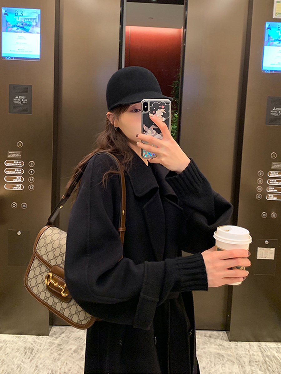 2022 autumn and winter Korean version double-sided cashmere woolen coat women's mid-length black Hepburn style woolen coat