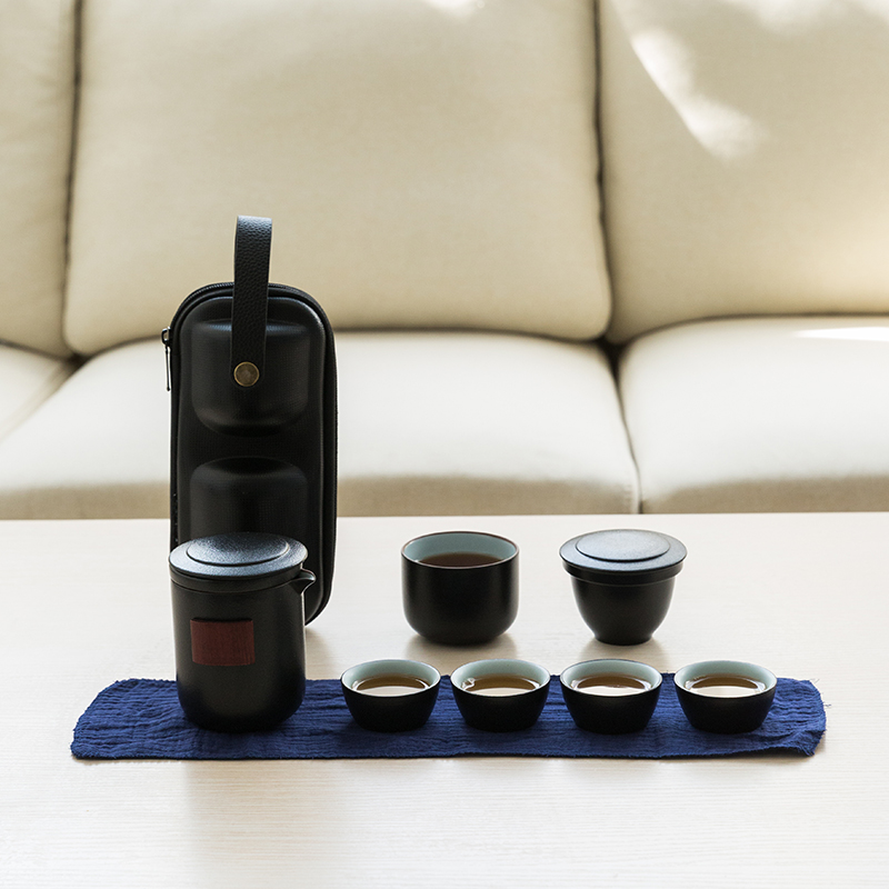 Black pottery travel tea set, one pot and five cups, with tea pot, tea cup, portable teapot, portable bag, fast customer cup