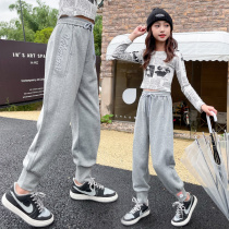 Girl Springtime Casual Pants 7 Children Wide-legged Pants Slim 9 elastic straight cylinder spring autumn black pants pants 13 years old