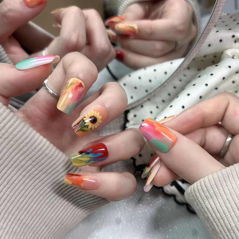 Fingertip Van Gogh Sunflower Oil Painting Style Wearable Nails, Gradient Whitening Versatile Nail Stickers, Removable Fingertip Van Gogh Sunflower Oil Painting Style Wearable Nails, Gradient Whitening Versatile Nail Stickers, Removable
