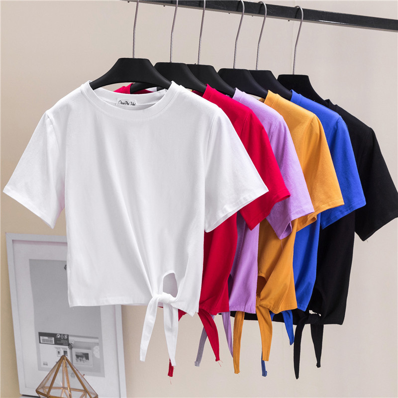 Umbilical short-sleeved women's tie knotted short sports t-shirt loose high waist Latin dance top dance practice clothing