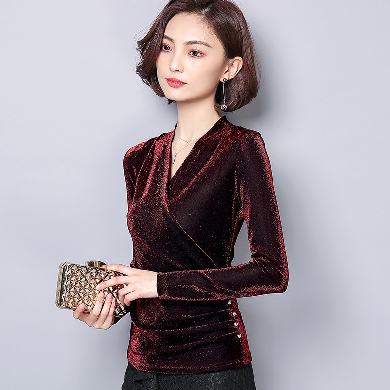 Autumn new V-neck GB modern dance square dance social dance top long-sleeved bright silk slim-fit dance clothing women