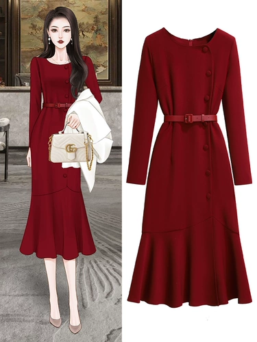 Осеннее элитное платье, приталенный корсет, длинная юбка, изысканный стиль, крой «рыбий хвост»