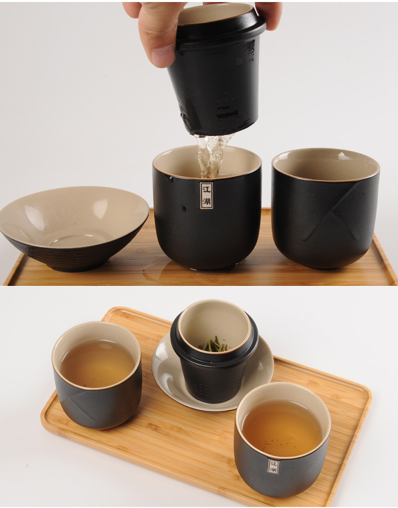 The Crack of a pot of a second cup of black ceramic tea sets contracted from the Chinese style single portable travel