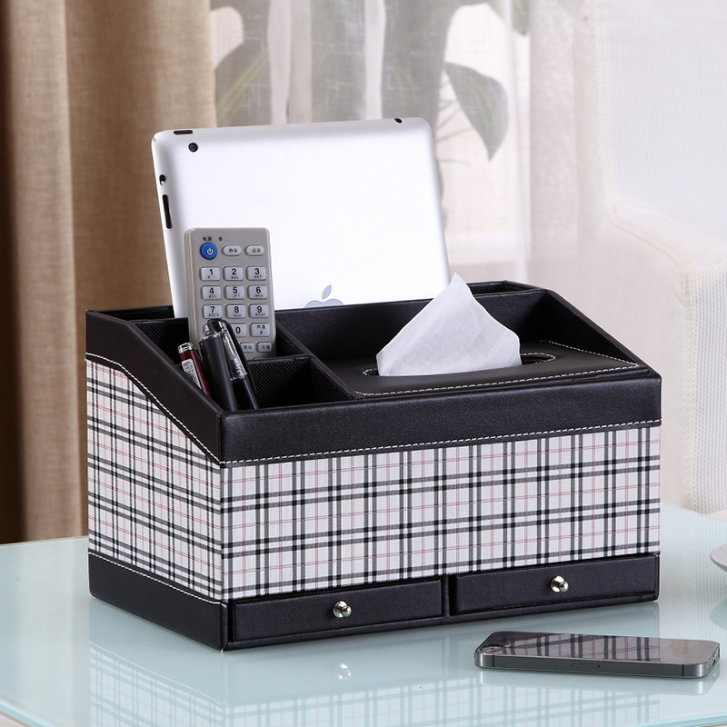 Leather desktop multi-functional tissue box with drawer mobile phone remote control box Napkin pullbox European creative