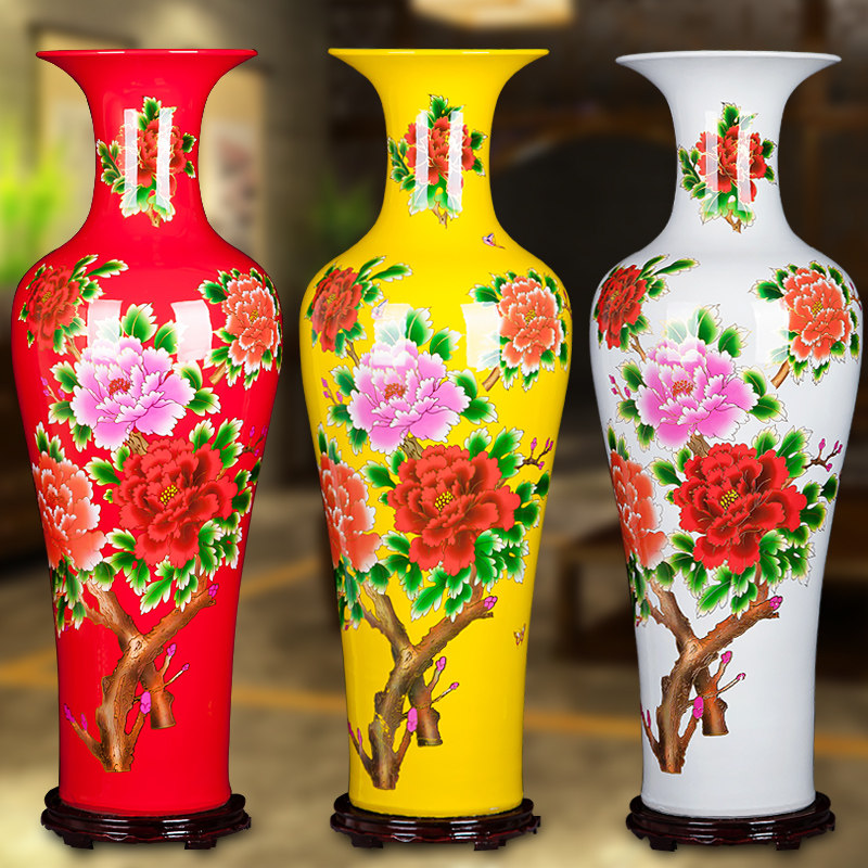 Jingdezhen ceramics Chinese red peony flowers blooming rich and noble floor large vase home decorations hotel decorations