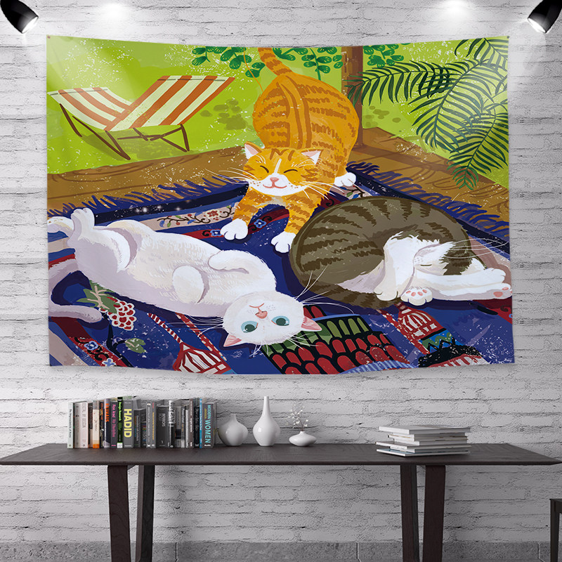 Nordic ins oil painting kitty hanging cloth live background cloth bedside tapestry bedroom Dormitory Decorated wall cloth Sheltering Curtain
