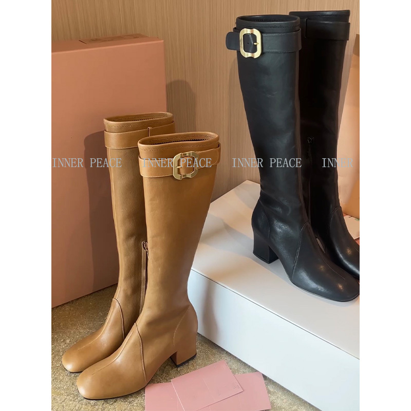 【Inner】Retro Sweet and Cool Style 25 New Zhang Yuanying Same Style Belt Buckle Elastic Riding Boots Height Increase 6.5cm