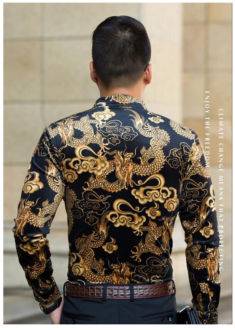 2018 áo sơ mi nam dài tay nam kinh doanh thường vàng nhung trung niên phong cách Trung Quốc họa tiết rồng quần tây áo sơ mi nam