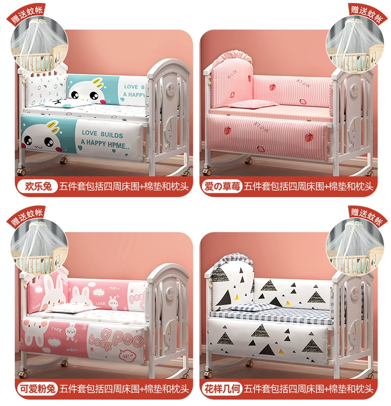 Ruibao Cũi Gỗ Chắc Chắn Bé BB Phong Cách Châu Âu Đa Năng Sơ Sinh Có Thể Tháo Rời Giường Nôi Trẻ Em Ghép Giường Lớn