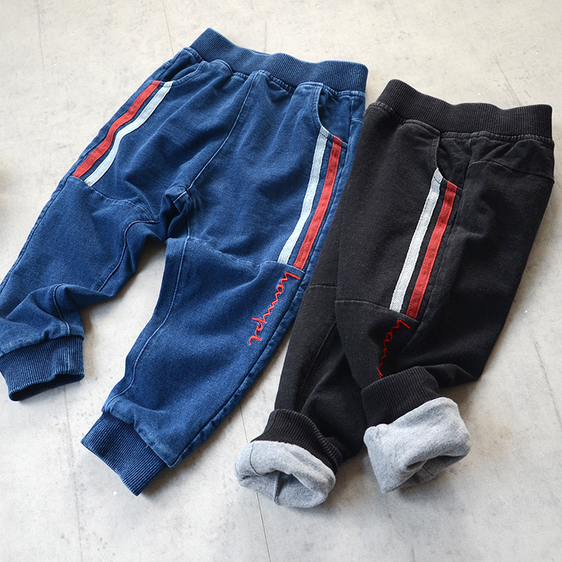 Boys' double-layered trousers Children's autumn and winter double-layered jeans Alphabet embroidered washed jeans spring and autumn sports pants