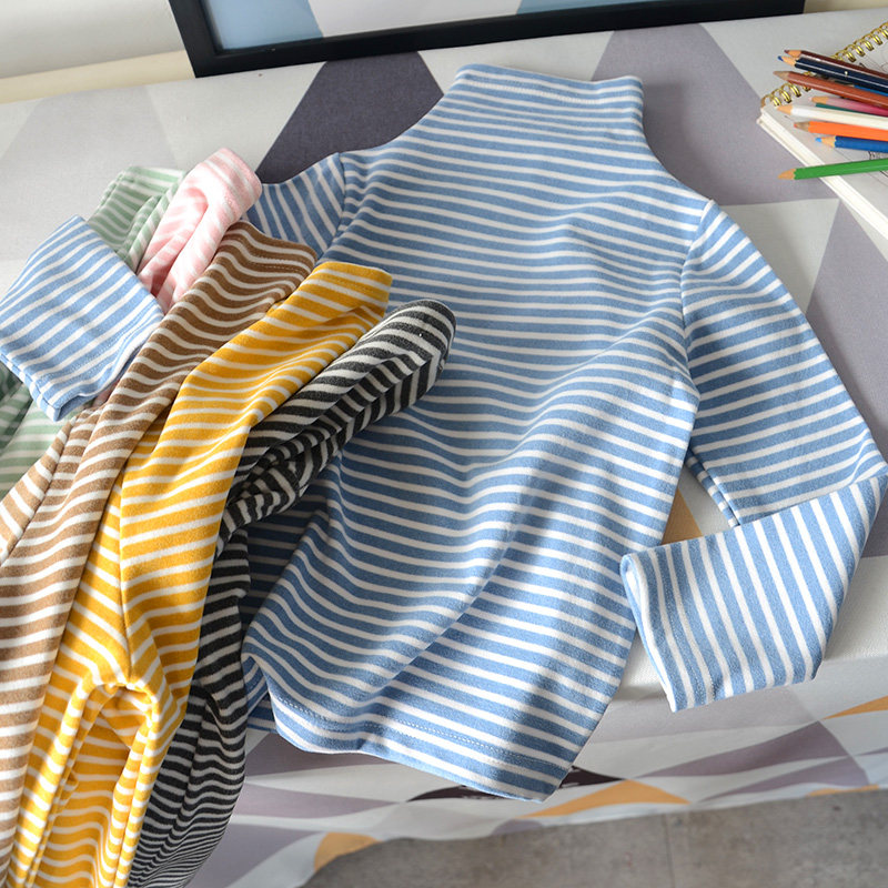 Children's fleece pile collar long-sleeved bottoming shirt Boys and girls comfortable autumn striped bottoming top 2021 new product