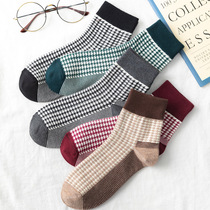 Thousand birds grid socks womens midsize socks cotton retro English ins tide cotton summer thin spring and autumn stockings