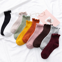 Wooden ear edge socks womens mid-tube ins tide lace Korean cute Japanese soft sister spring and autumn thin cotton shallow socks