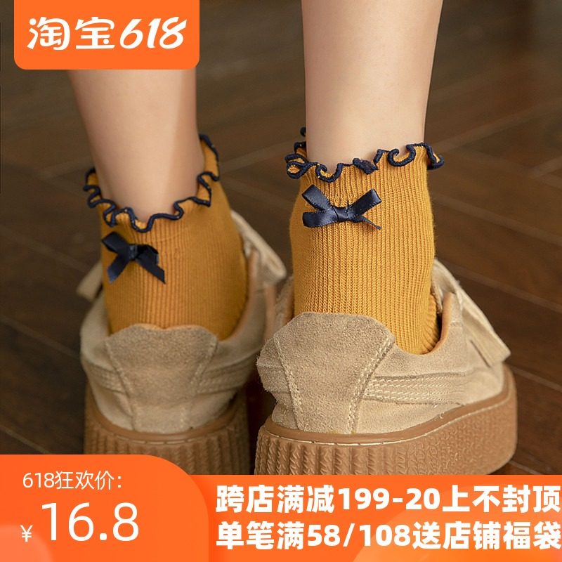 Korean heel bowknot of hosiery in female yellow of auricular edge sock is lovely day department tide of ins of autumn winter is joker