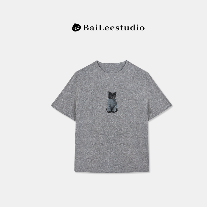 【Bai Li Liangpin】2026 Summer New Style~ Relaxed Cat Print Short-Sleeve T-Shirt Versatile Simple Top