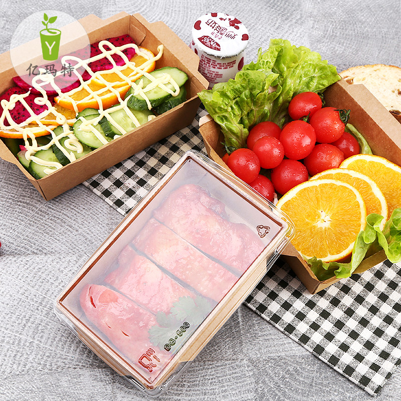 Disposable Kraft Aperitiv Box Rectangular Sushi Fruit Salad Case Transparent Takeaway Packing Case 100 sleeves