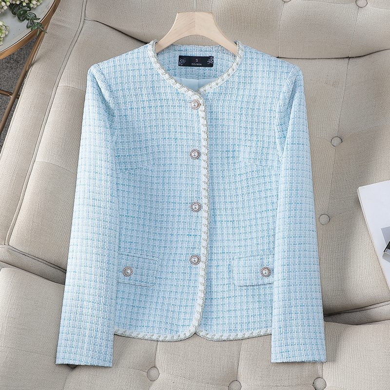 Blue Tweed Short Blazer for Women, 2026 New Style, Round Neck Top, Korean Style Long-Sleeve Suit Blue Tweed Short Blazer for Women, 2026 New Style, Round Neck Top, Korean Style Long-Sleeve Suit