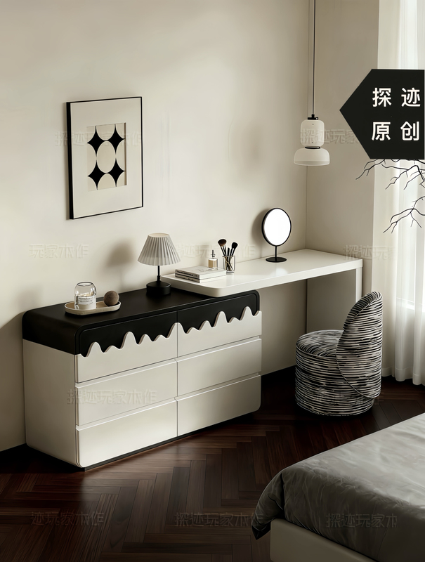 Original Natural Cream-Style Black and White French Bedroom Bedside Cabinet and Dressing Table Integrated Makeup Table by Tiejie Players Original Natural Cream-Style Black and White French Bedroom Bedside Cabinet and Dressing Table Integrated Makeup Table by Tiejie Players