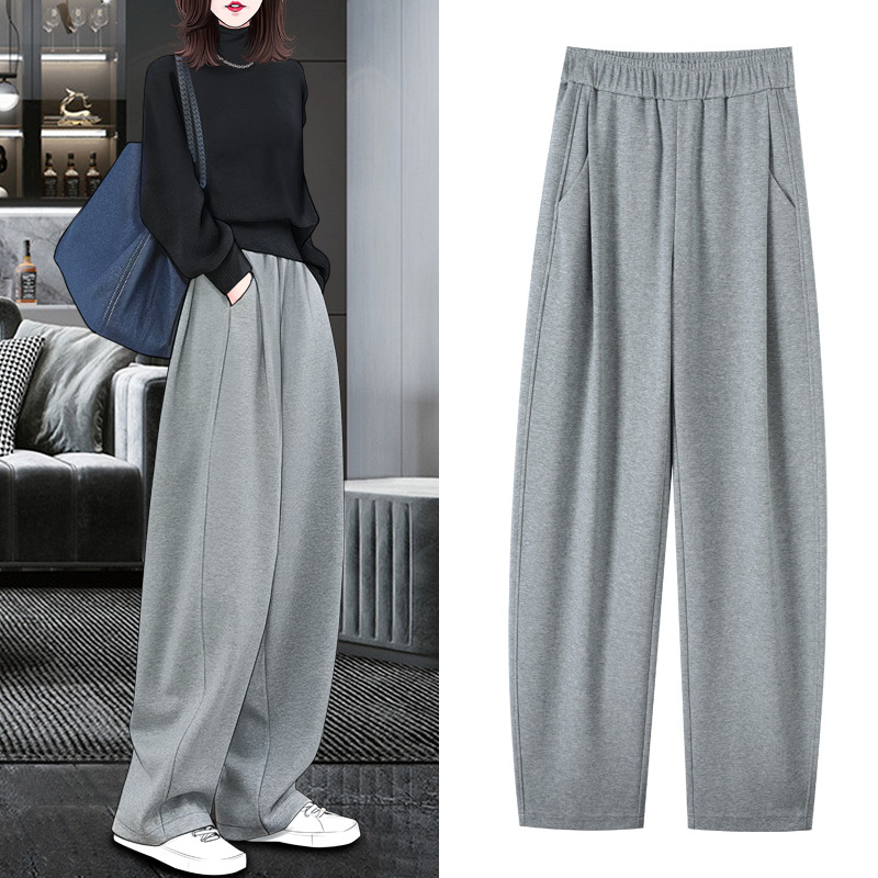 High-End Sporty Wide-Leg Banana Pants, Gray Sweatpants for Women, Autumn and Winter Loose Scimitar Casual Pants, Fleece-Lined Sickle Pants