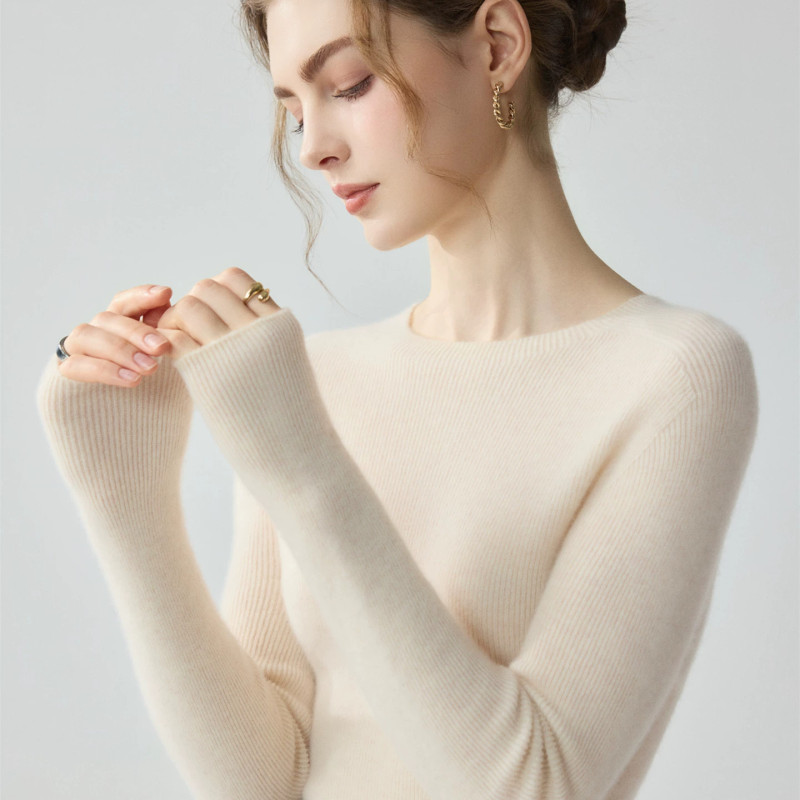 First-Line Ready-To-Wear 100% Pure Cashmere Sweater, Round Neck, Slim Fit, Slimming Sweater for Women, Autumn and Winter Wool Knitted Base Layer