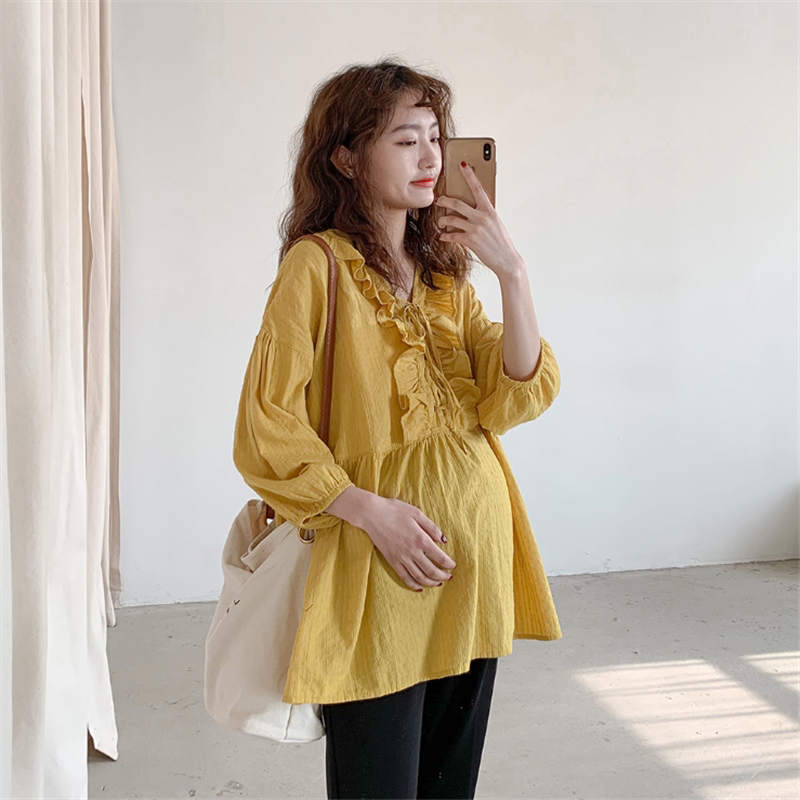Pregnant Woman Shirt 2022 Summer Dress Woman Medium Long Version Pregnant shirt Long sleeves white dolls Shirt Korean version Loose Jacket