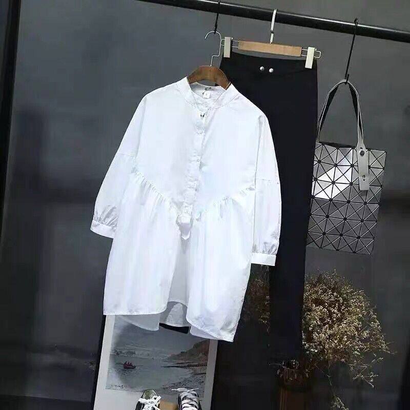 Pregnant women Summer clothes minimalist Summer 2021 new stand-up loot dollshirt Career at work Sleeves OL White Shirt