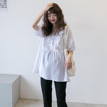 Pregnancy Woman Dress Summer Dress New Fashion Loose Korean version Lotus Leaf Lace Lace Doll Cardiovert pregnant woman short sleeve blouses