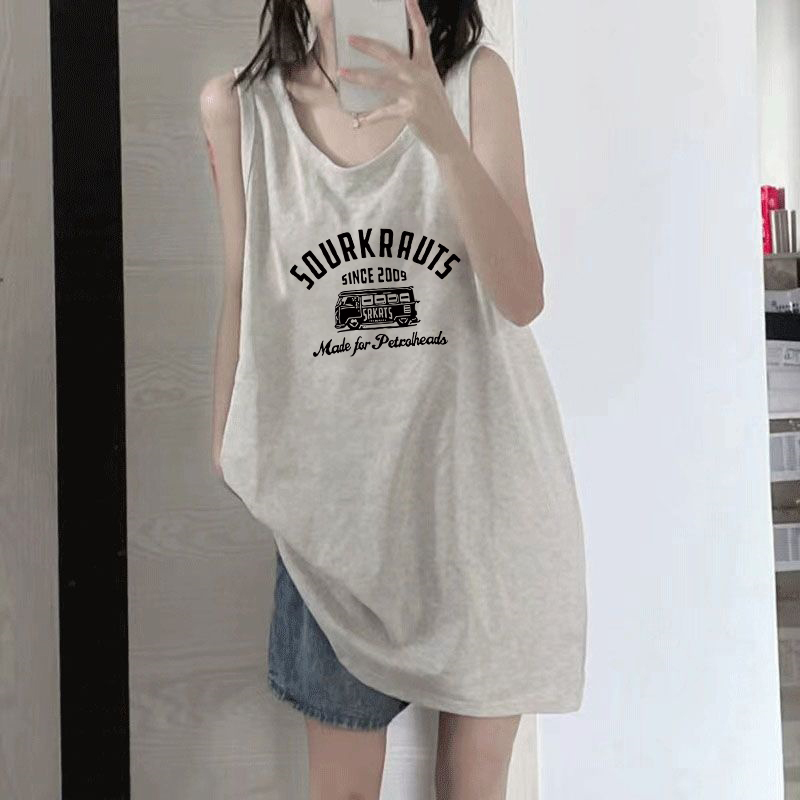Plus Size Retro Pure Cotton Gray Sleeveless Suspender Sports Vest Top for Women 2025 New Mid-Length Loose T-Shirt