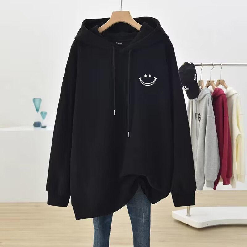 100% Pure Cotton Large Size Hooded Sweatshirt for Women, New Autumn and Winter Korean Style Loose Mid-Length Versatile Black Top Jacket