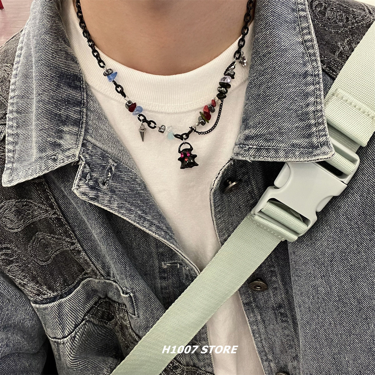 Ghostly beaded necklace, men's clavicle chain, women's hip-hop niche design, high-end sweater chain, Halloween.
