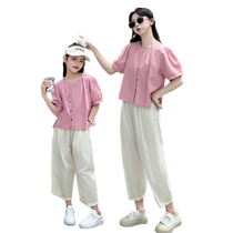 High-end street parent-child wear 2024 foreign style short-sleeved shirt Korean version high-end different mother-daughter clothing set summer