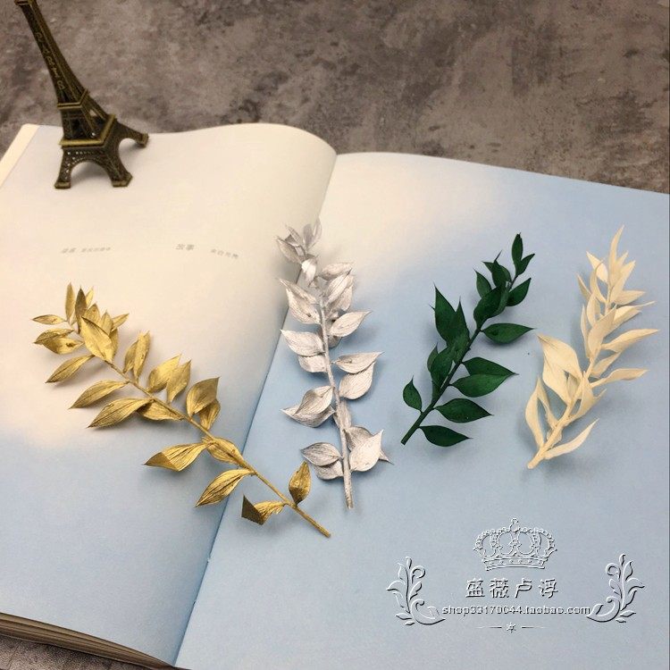 Domestic rich leaf immortalized flower diy single branch gold silver white green small pointed leaf production with materials