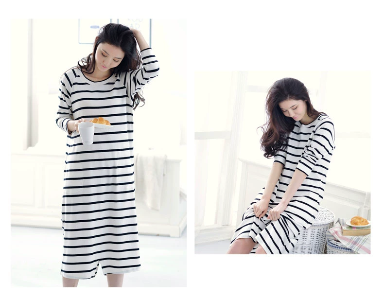 Áo ngủ nữ mùa thu cotton dài tay đồ ngủ sọc lỏng đầm nhà phục vụ nữ mùa thu áo dài giản dị váy ngủ lụa tơ tằm
