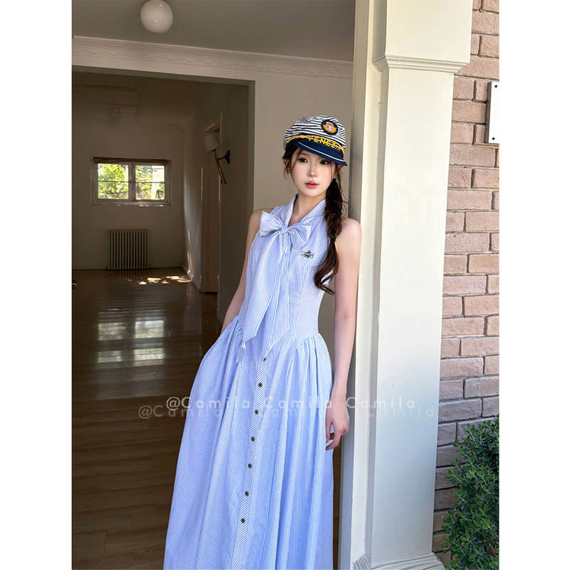 French Navy Style Blue Striped Bow Sleeveless Vest Shirt Dress for Women with a Cinched Waist and A-Line Flared Long Skirt