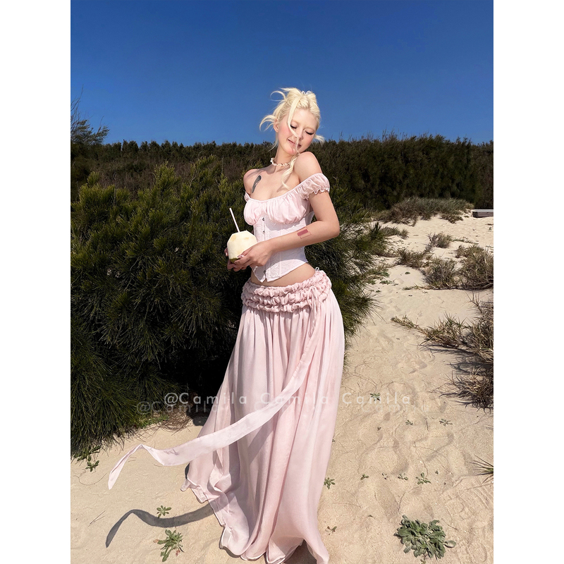 Pink Resort-Style One-Shoulder Patchwork Fishbone Corset Crop Top with a Cinched Waist and Long Flared Skirt Two-Piece Set