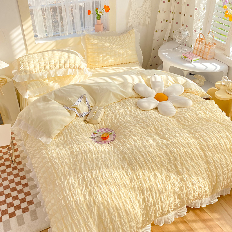 Han Edition Bubble Yarn Bed dress with four sets of public main wind Girl Hearts Quilt Cover Three-style bed group washed cotton bed products