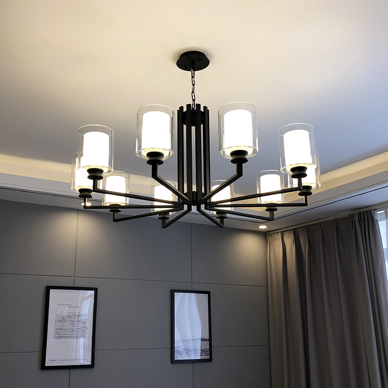 Living room lamp Modern Chinese style atmospheric dining room Bedroom lamp glass lampshade moisture-proof stainless black led Nordic port style